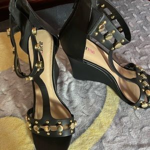 Black Wedge open toe dressy Sandal w/ Gold Tone Accents